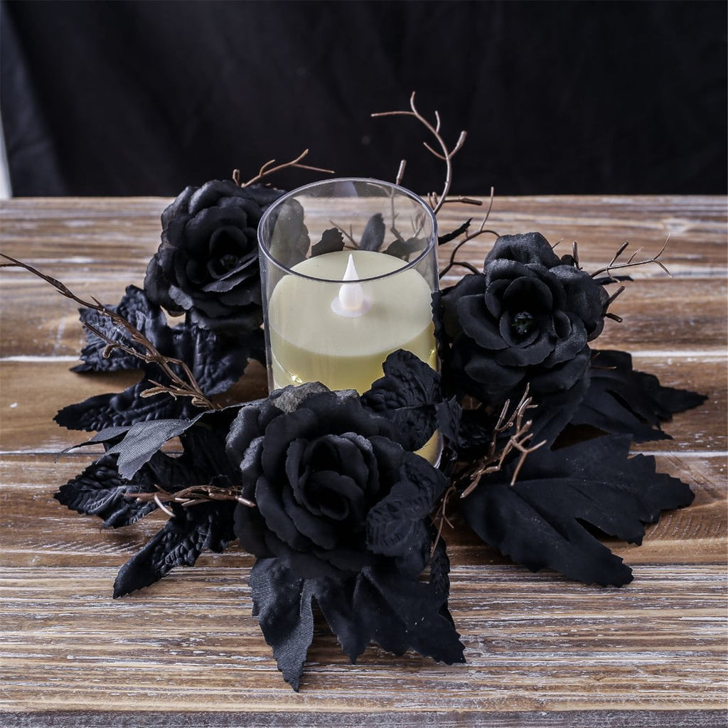 TETOU 2Pcs Halloween Candle Rings Wreath for Pillar Candle Holder, Maple Leaf Black Rose Small Wreaths for Fall Thanksgiving Home Table Centerpieces, Cabinet Decorations - Black
