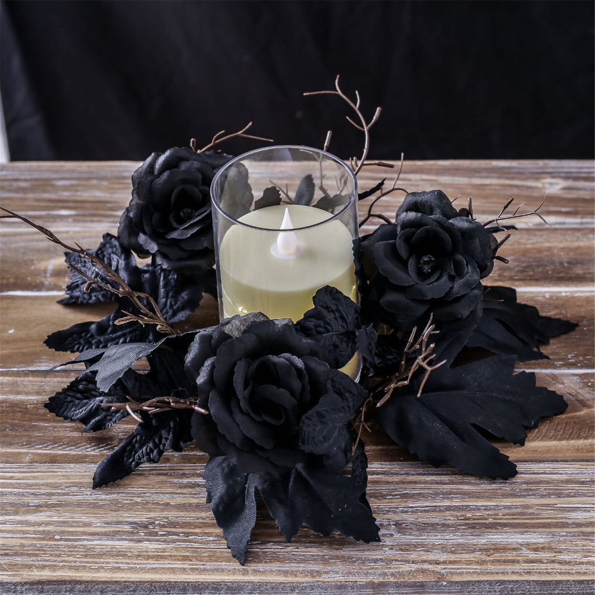 TETOU 2Pcs Halloween Candle Rings Wreath for Pillar Candle Holder, Maple Leaf Black Rose Small Wreaths for Fall Thanksgiving Home Table Centerpieces, Cabinet Decorations - Black