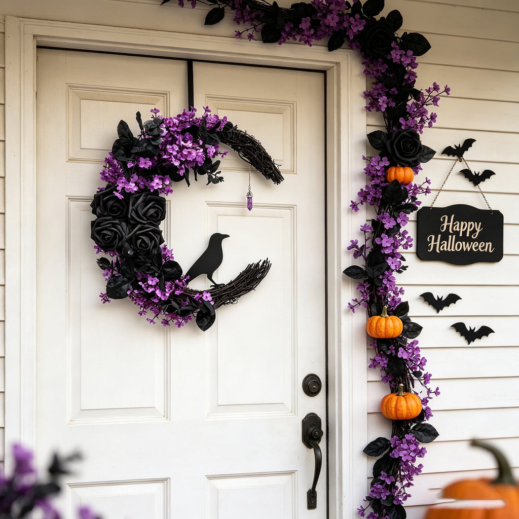 Halloween Black Cat Wreath, 14.9 in Purple and Black Crescent Wreath with Artificial Flowers and Crystal Pendant, Gothic Front Door Decor