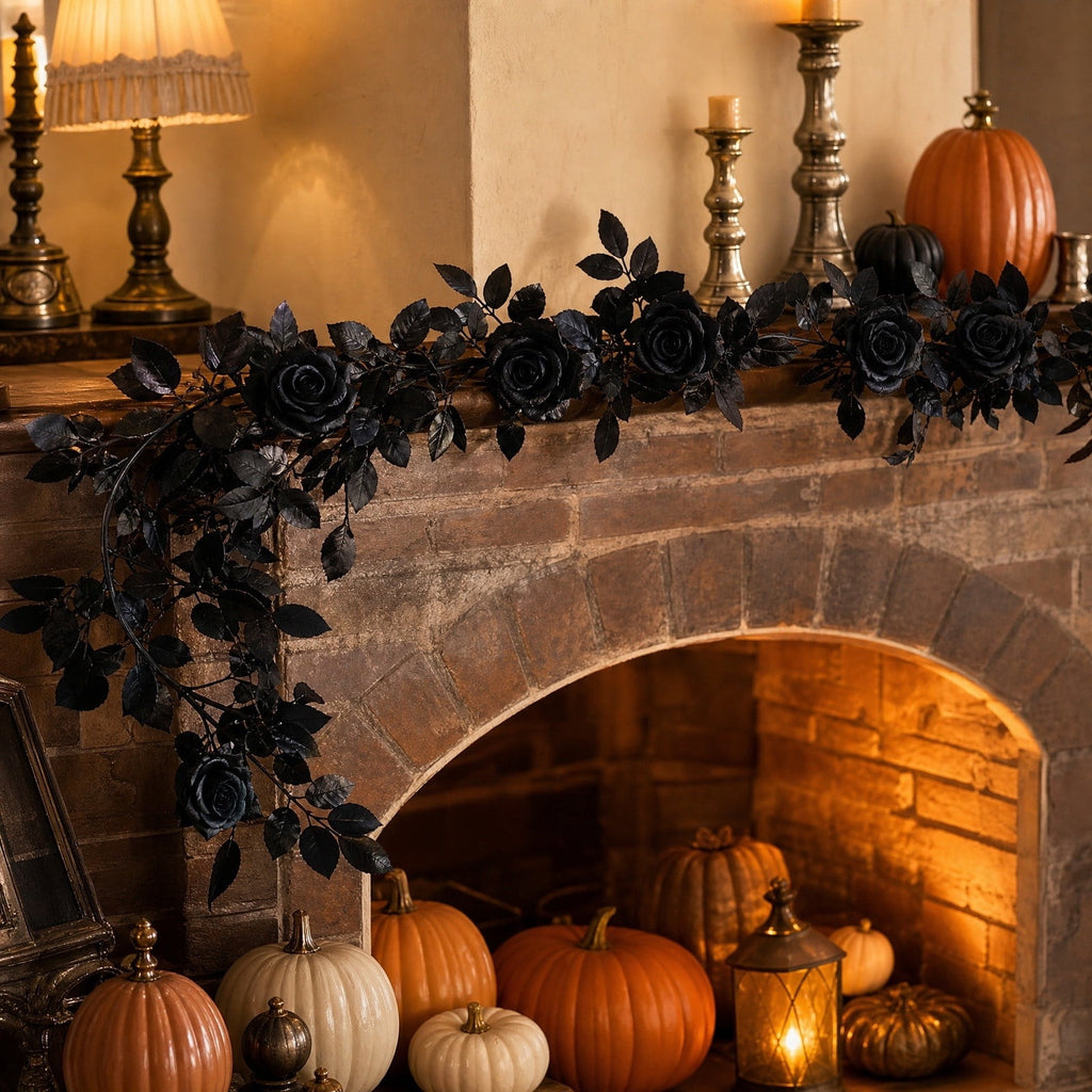 Clearance Gunhay Fall Decor Fall Decorations for Home, Black Decorations Halloween Garland, Fall Wall Hanging Rose Leaves, Artificial Black Rose Leaf Vine, Halloween Decorations for Home