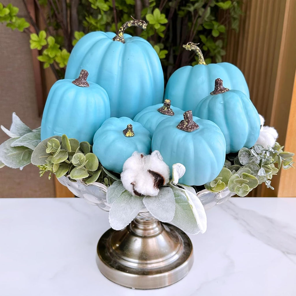 Foraging dimple 7 Pcs Assorted Harvest Orange Artificial Pumpkins Decorative Pumpkins Foam Pumpkins with Gold Stems for Fall Harvest Autumn Home Wedding Thanksgiving Halloween Party
