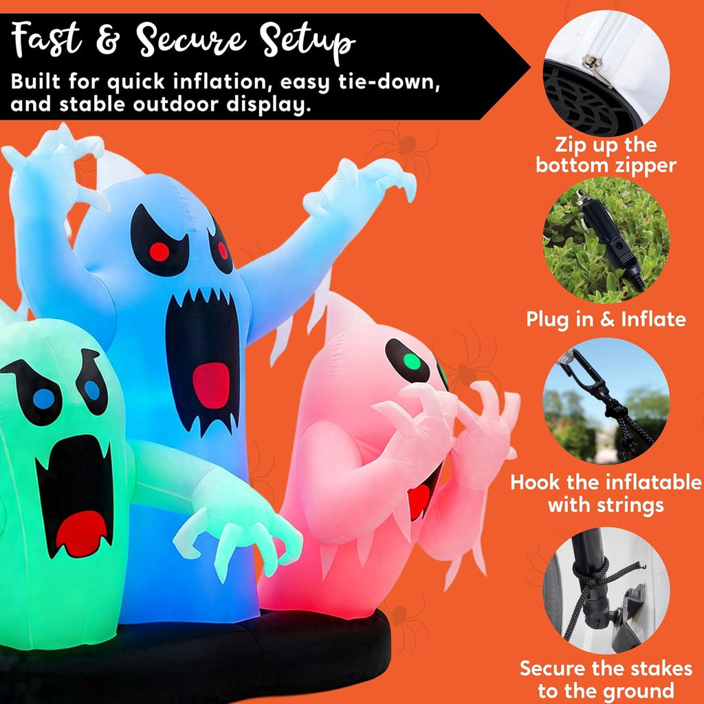 Joyfy 5 FT Halloween Inflatable Ghost Decoration with Colorful LEDs,Trunk or Treat Car Decorations Kit Ghost Trio with Built-in LED Light for Halloween Party Indoor,Outdoor,Yard,Garden Decor
