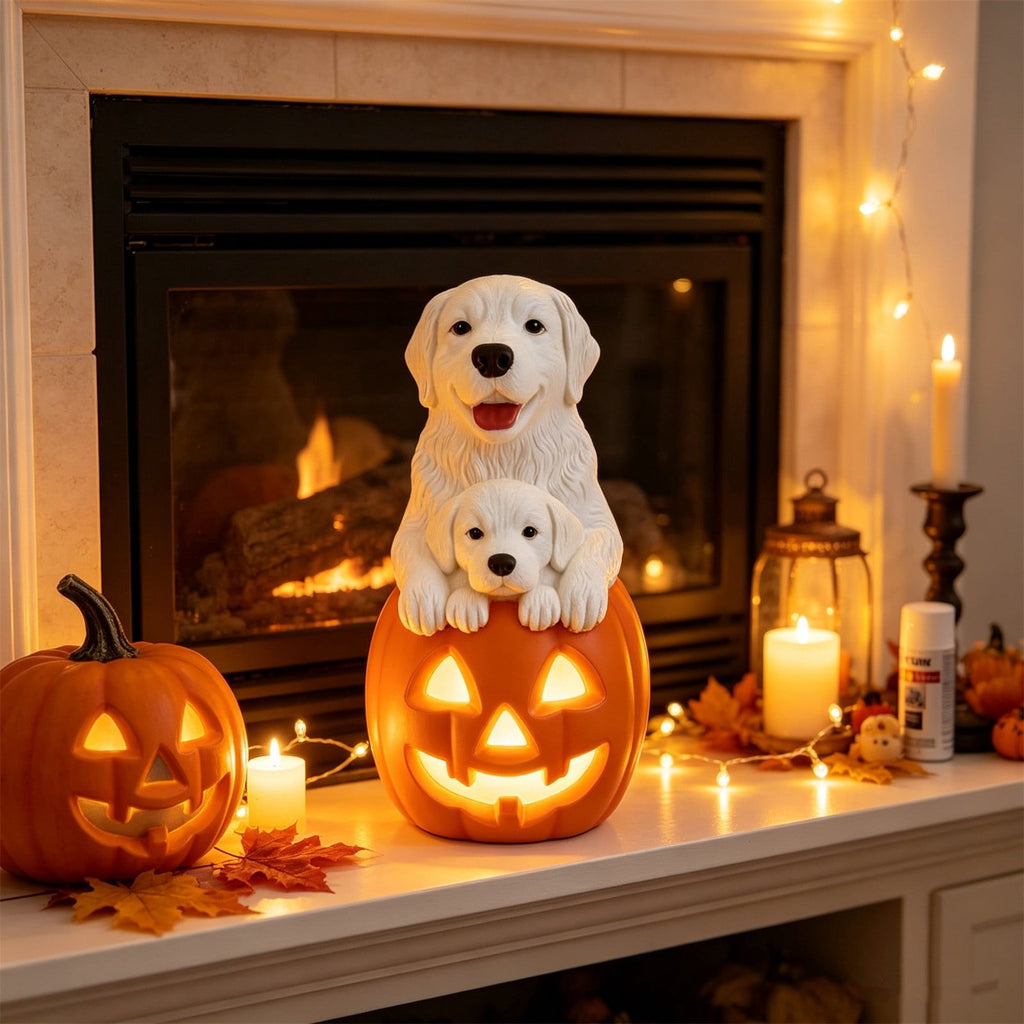 Fall Decorations for Home, 7.9in Lighted Halloween Scarecrow Dog Figurine, Resin Thanksgiving Halloween Garden Dogs Figurines for Autumn Harvest Porch Yard Garden Decor