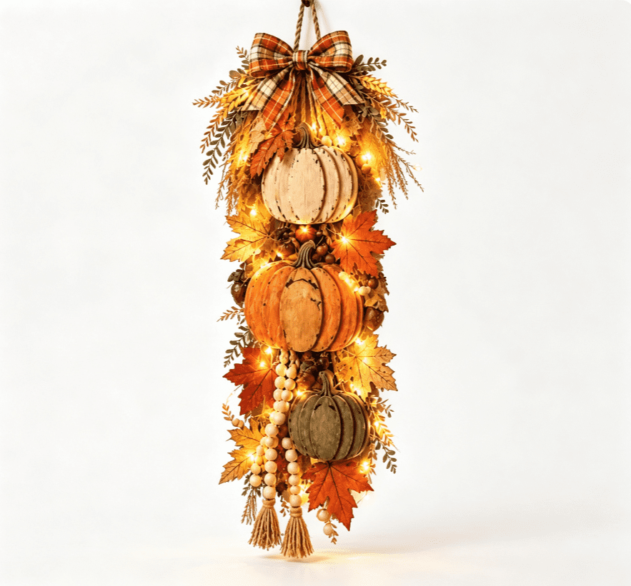 Rustic Wooden Pumpkin Door Hanging with Warm LED Lights, Ready-to-Hang Farmhouse Accent, Cozy Harvest Decor for Entryway & Living Room