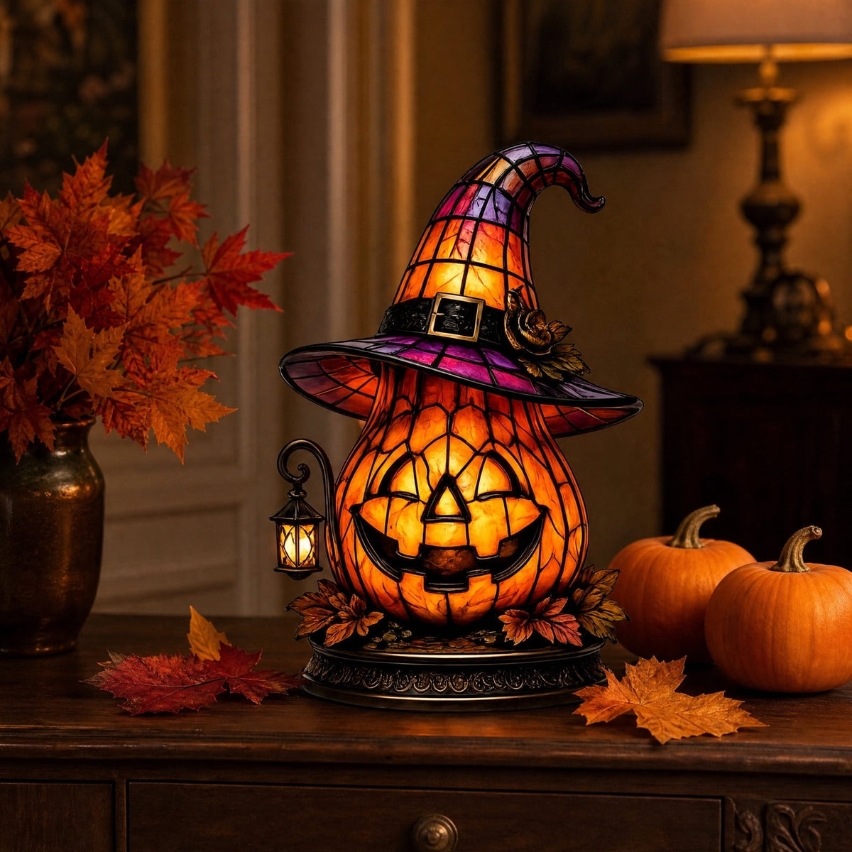 Diceymbol 11.81 Inch Halloween Ghost Night Light, Witch Hat Ghost Lamp with Jack O Lantern, Halloween Decorations Indoor for Table Mantel Party Decor