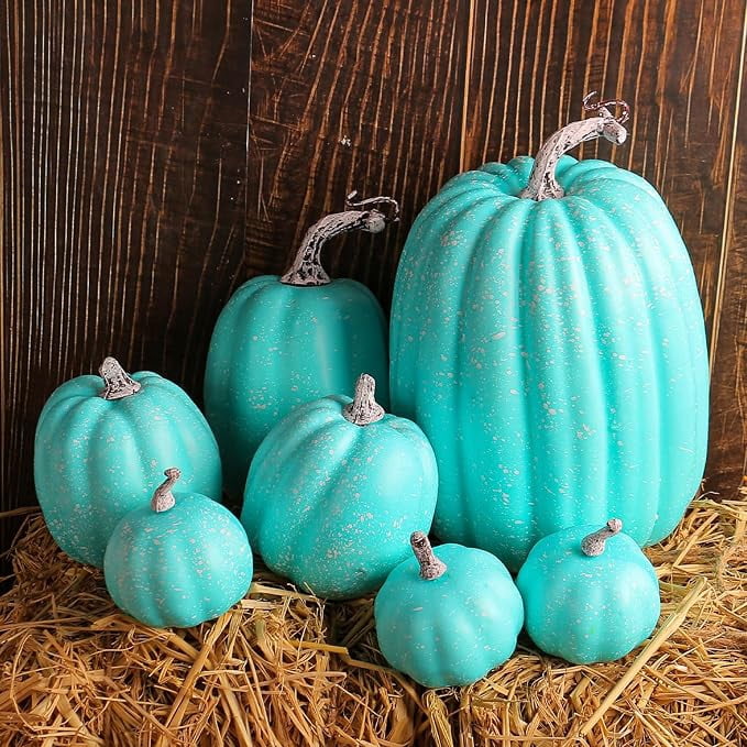 7 Pcs Assorted Size Artificial Pumpkin Set, Realistic Foam Pumpkin Decorations for Halloween Fall Harvest Decor, Thanksgiving Table Decor Centerpiece, Farmhouse Seasonal Home Decor and Party Display