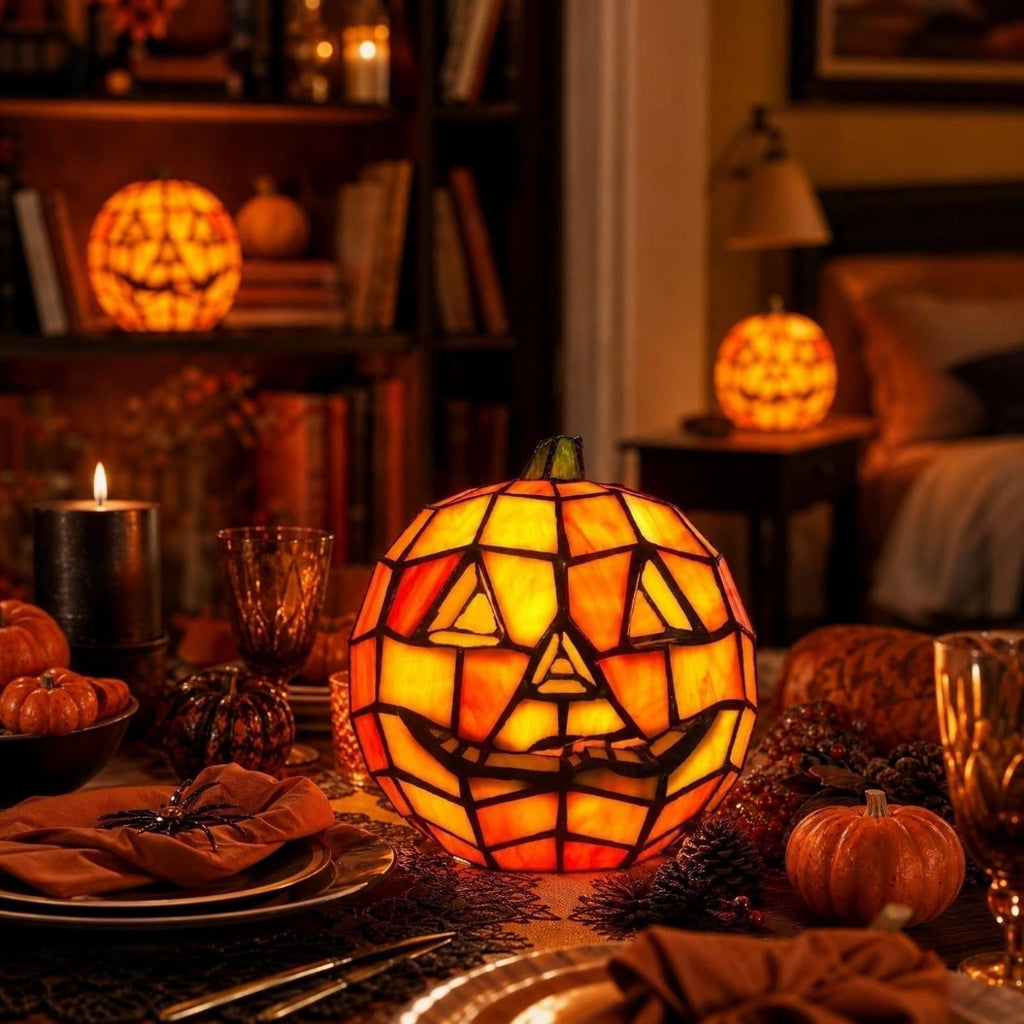 Halloween Decorations Indoor Stained Glass Pumpkin Lamp, Whimsical Fall Decor LED Night Light, Pumpkin Decor for Home Tabletop Shelf Mantel Halloween Display