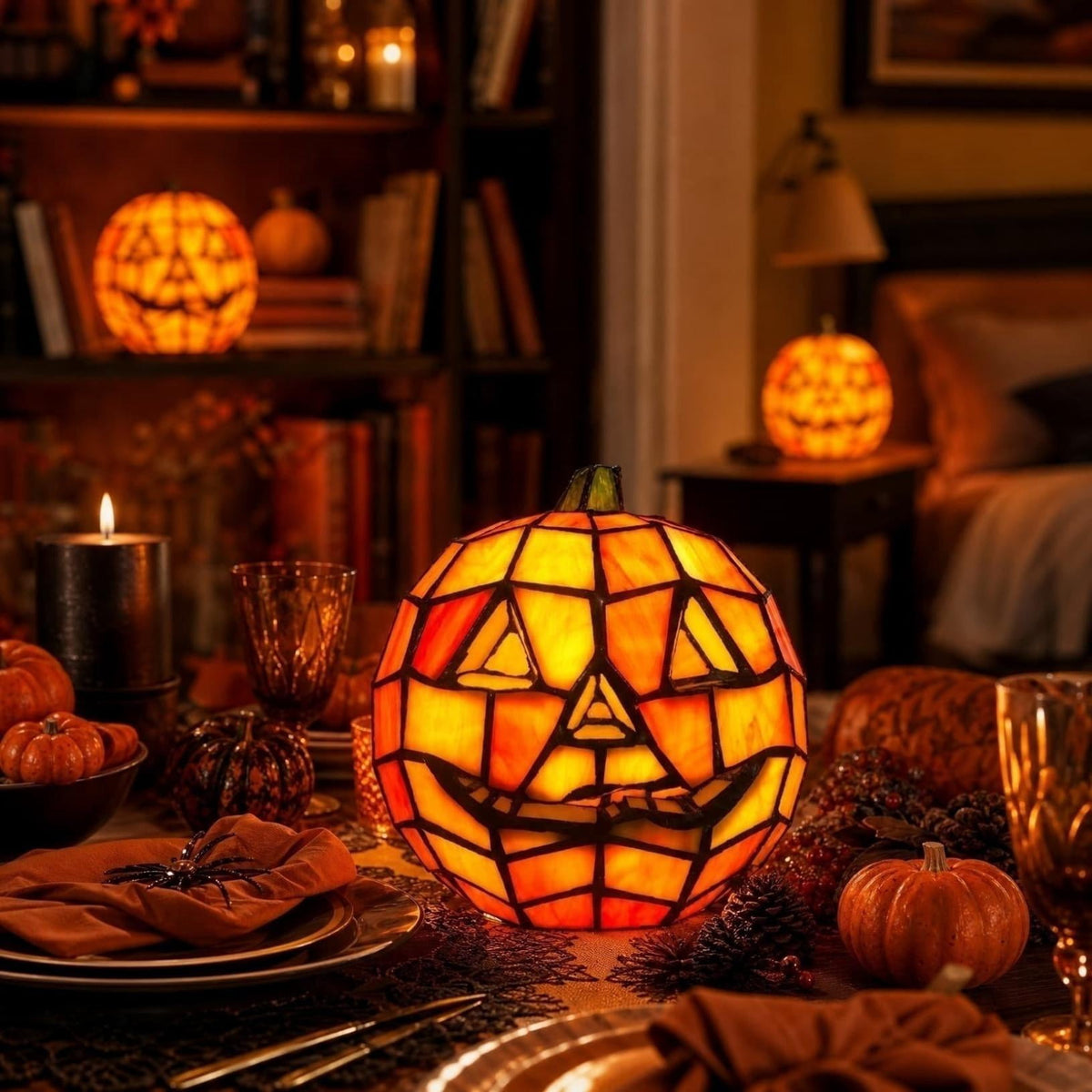 Halloween Decorations Indoor Stained Glass Pumpkin Lamp, Whimsical Fall Decor LED Night Light, Pumpkin Decor for Home Tabletop Shelf Mantel Halloween Display