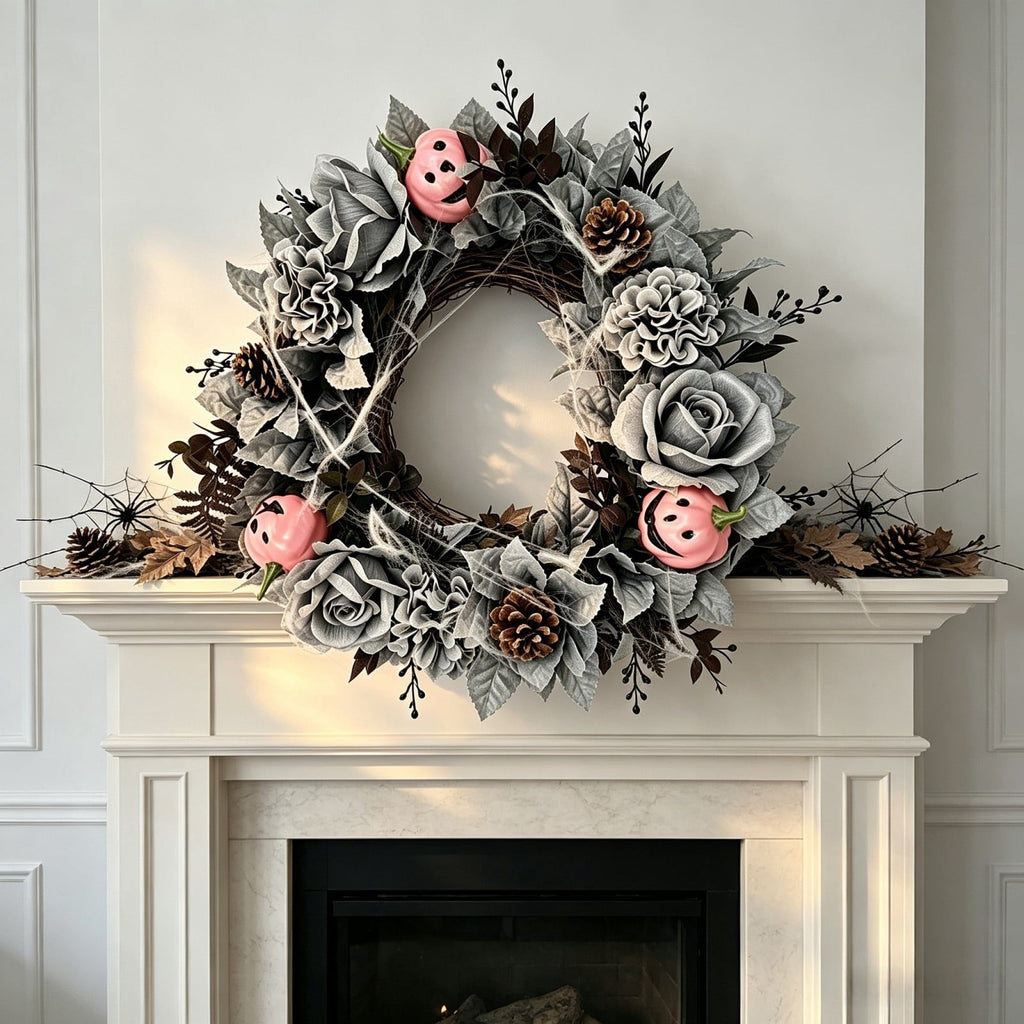 Fall Candle Ring,Artificial Maple Leaves Pumpkins Decorative Wreaths,Berry Wreath for Pillar Candle Holder,Candle Ring for Halloween Centerpieces and Farmhouse Table Decor,7.48 inch(Pink)