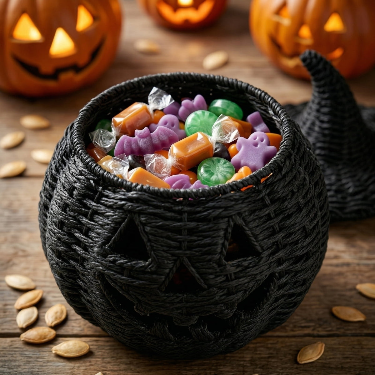Handwoven Pumpkin Shaped Decorative Basket with Witch Hat Lid for Halloween Indoor Outdoor Display Storage