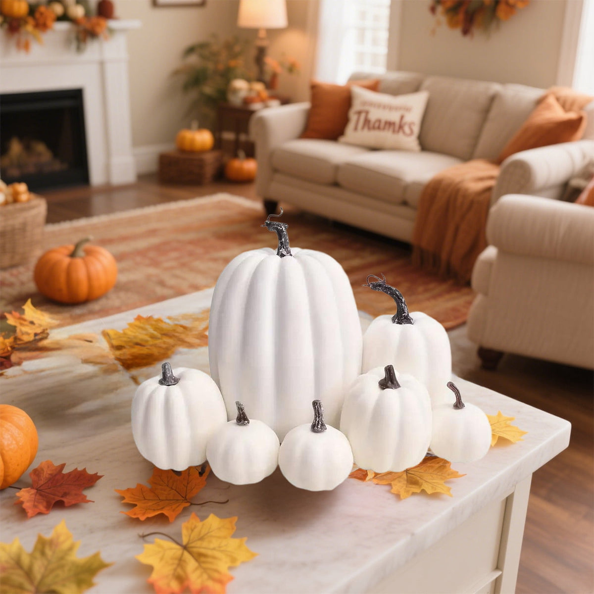 Fall+Decorations,Outdoor Pumpkins for Porch,7pcs Halloween Decorative Pumpkin Model Realistic Looking Simulation Ornament Good For Party Decorations Display(Orange 7pcs/Set 8"-3")
