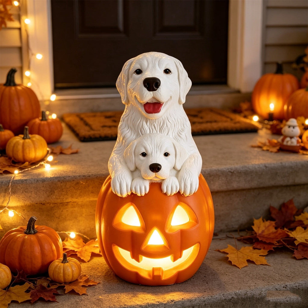 Fall Decorations for Home, 7.9in Lighted Halloween Scarecrow Dog Figurine, Resin Thanksgiving Halloween Garden Dogs Figurines for Autumn Harvest Porch Yard Garden Decor