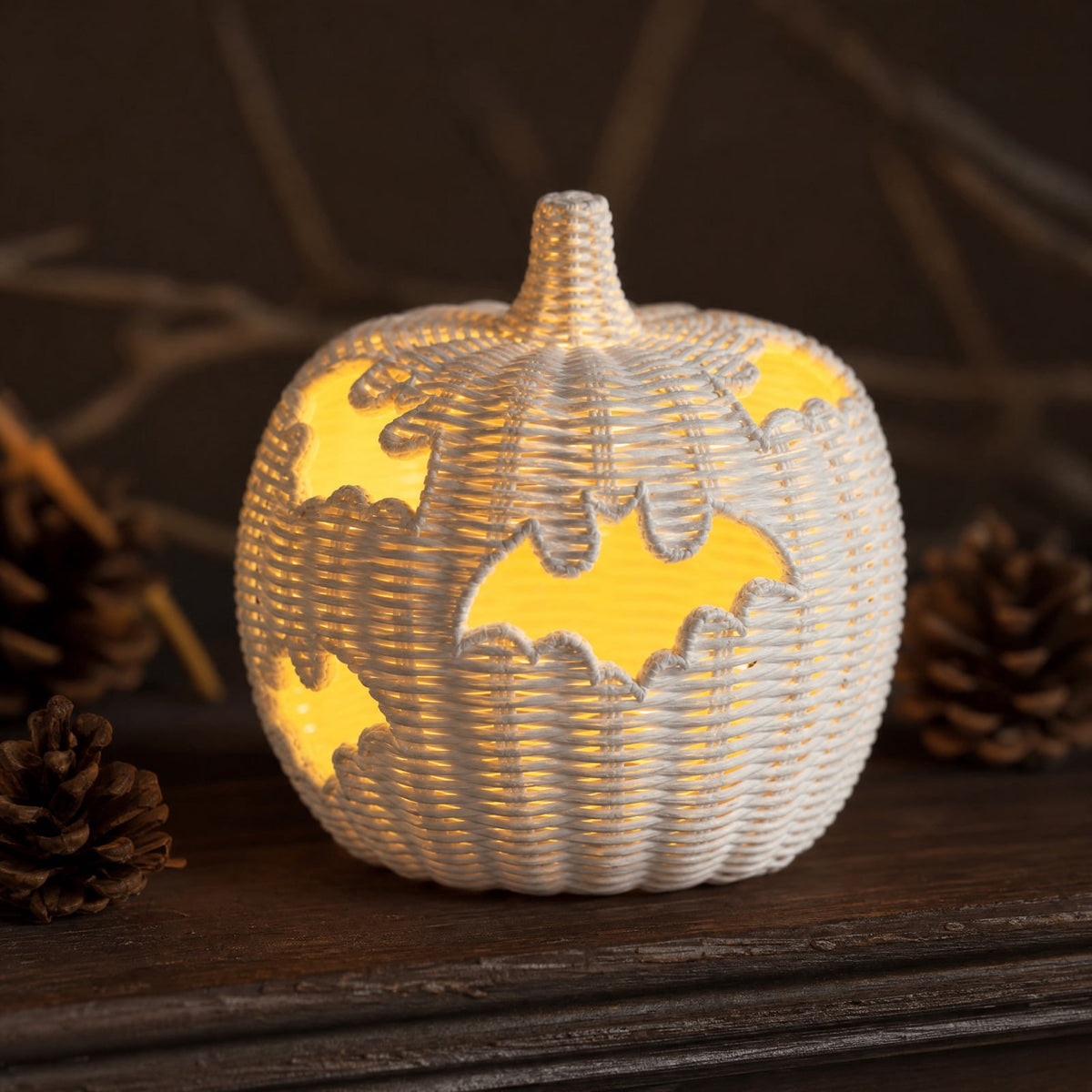 Aximioll Halloween Black Woven Jack-O-Lantern Pumpkin Decor, Hand Woven Rattan Wicker Style Statue, Trick or Treat Candy Bowl Lantern for Porch Entryway Fireplace Mantel Table, Black, 11 Inches