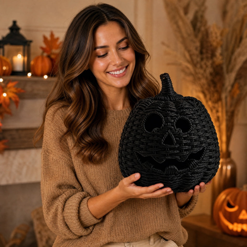 Sahpxhe Black Woven Pumpkin Basket with Lid Handmade Wicker Pumpkin Candy Baskets for Halloween Tabletop Mantel Candy Storage Decorations
