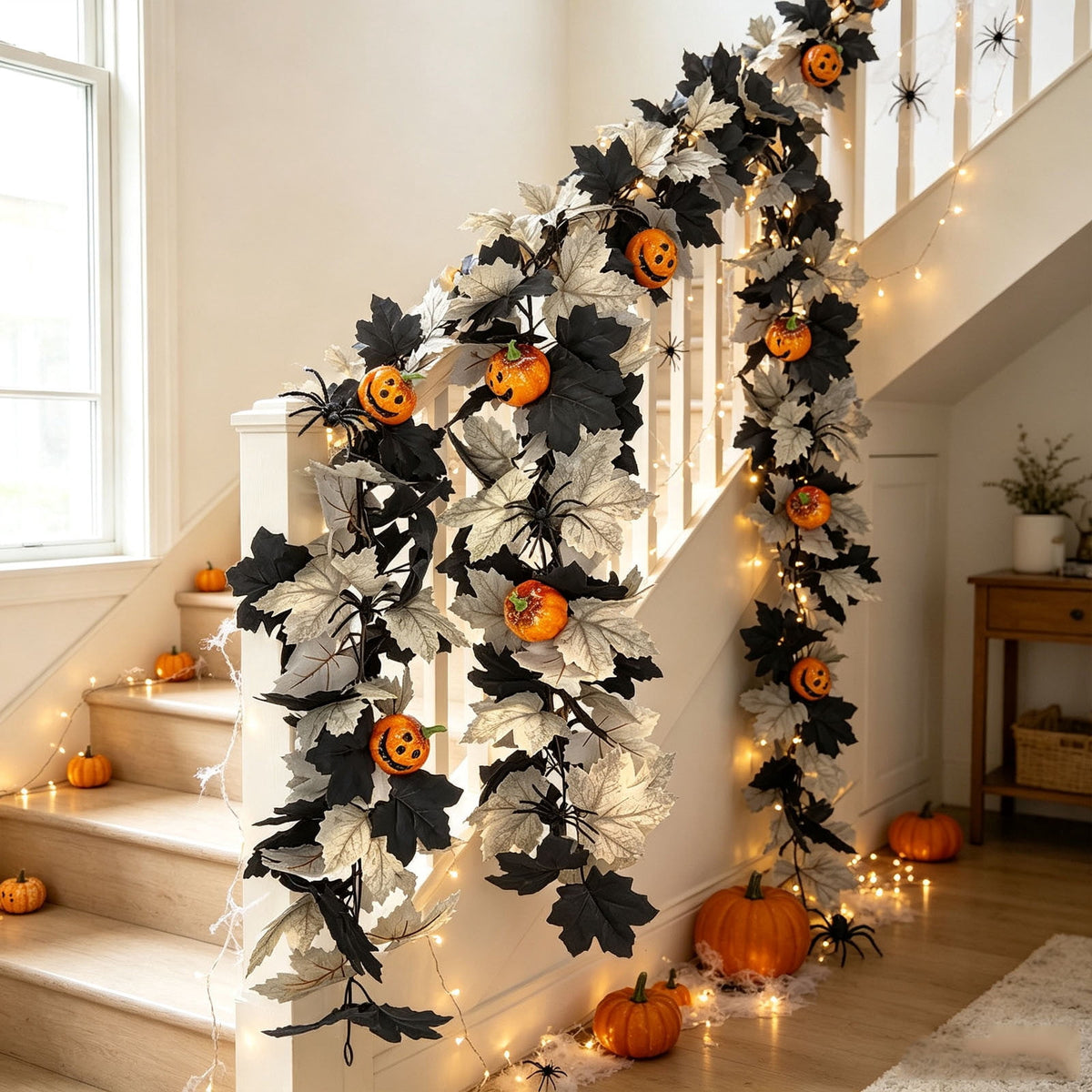 Chmadoxn 78.74" Halloween Thanksgiving Maple Leaf Garland with Mini Pumpkins & Berries, Artificial Fall Leaves Vine for Mantel Staircase Porch, Autumn Harvest Hanging Home Decor