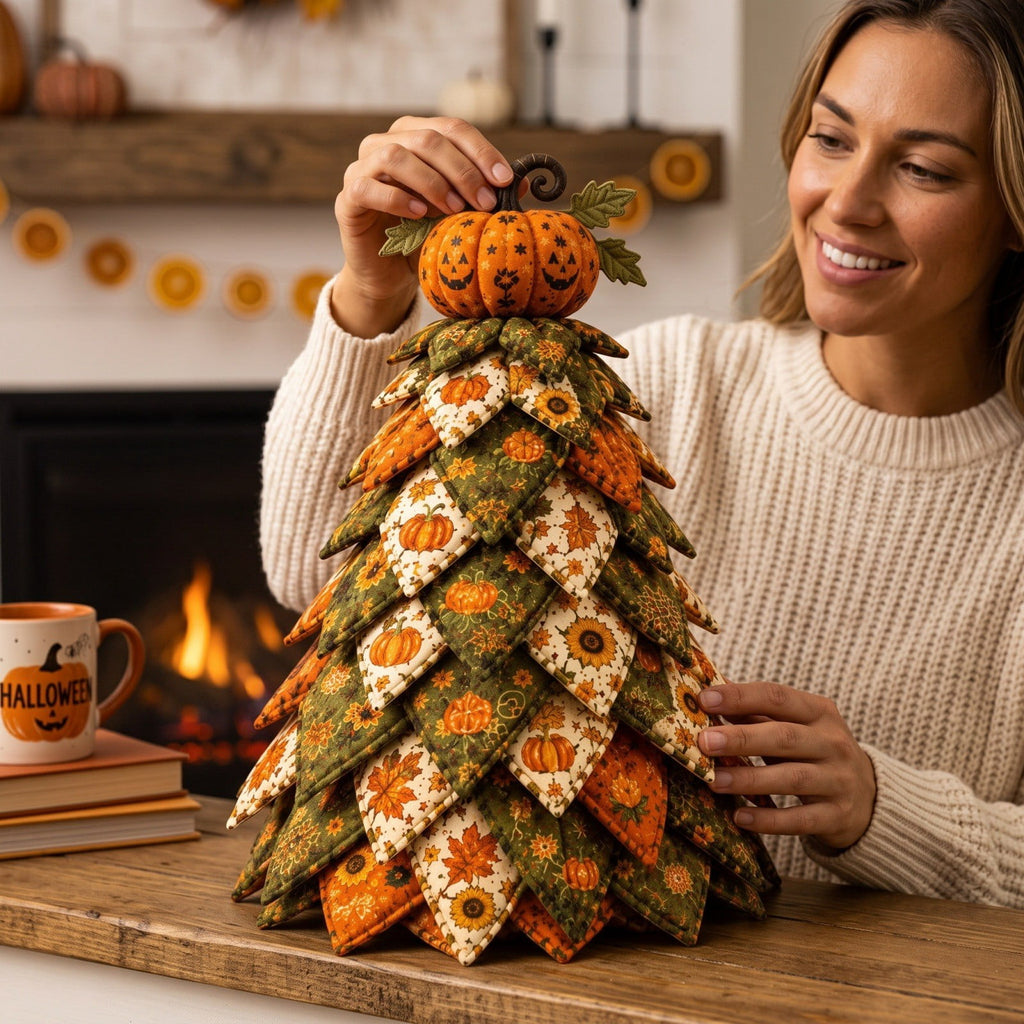 Lypsnake DIY Halloween Quilted Fabric Tree Kit, Vintage Pumpkin Sunflower Patchwork, 3D Padded Sewing Craft Project for Autumn Harvest Decor