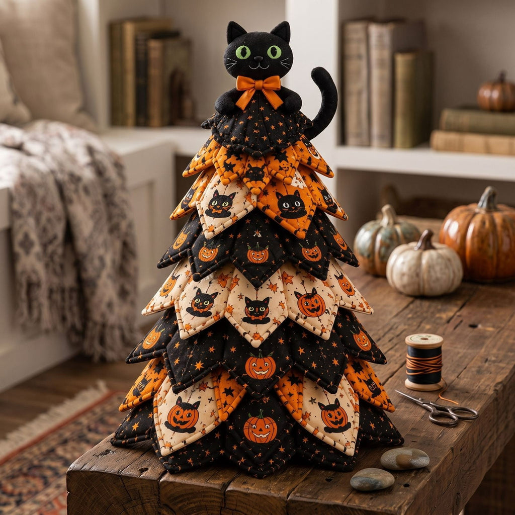 Lypsnake DIY Halloween Quilted Fabric Tree Kit, Vintage Pumpkin Sunflower Patchwork, 3D Padded Sewing Craft Project for Autumn Harvest Decor