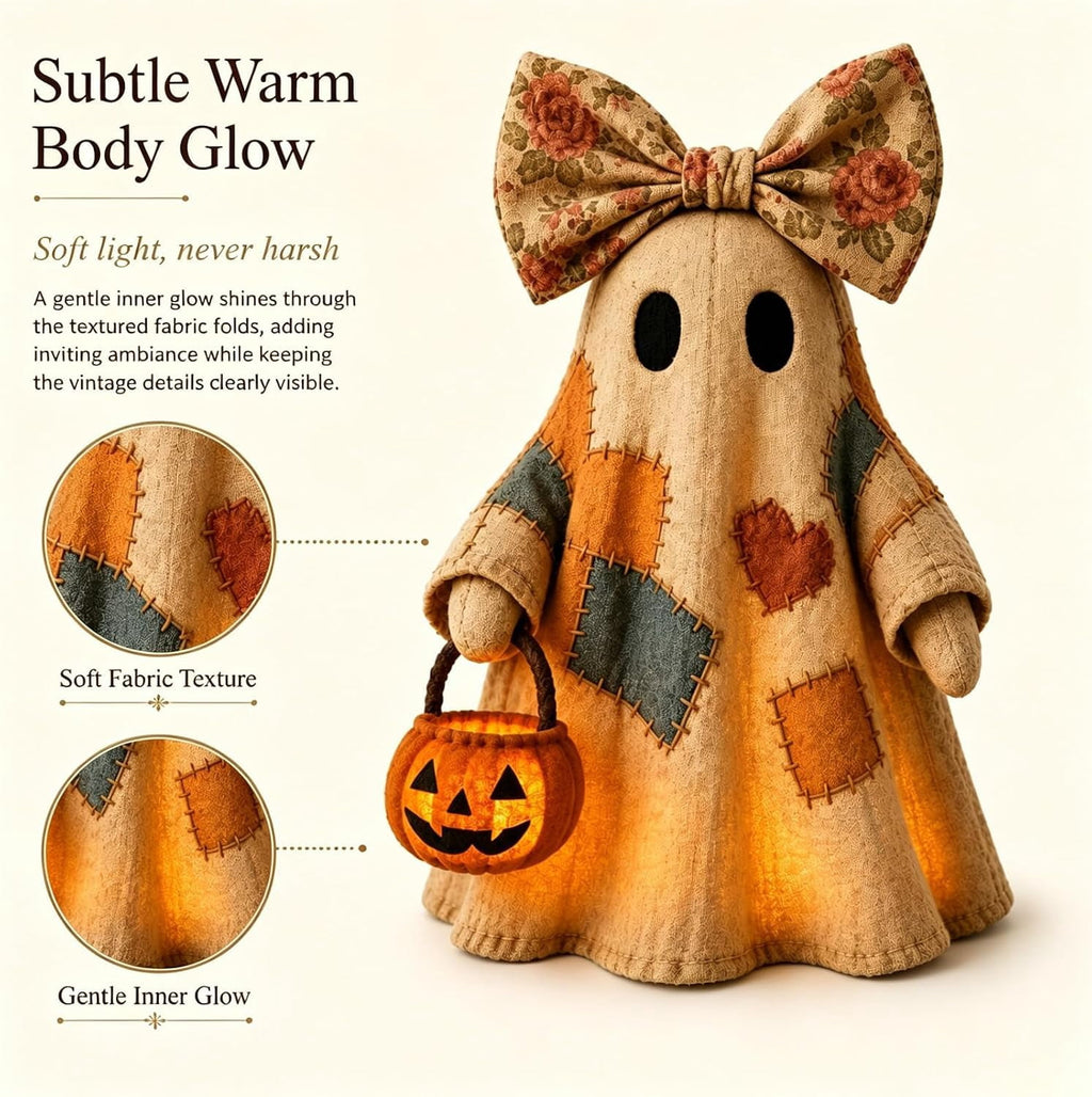 Win s Way Lighted Vintage Patchwork Ghost Decor Glowing Ghost Figurine with Pumpkin Lantern Farmhouse Style Light Up Statue for Mantel Shelf Entryway Table Fall Decorations
