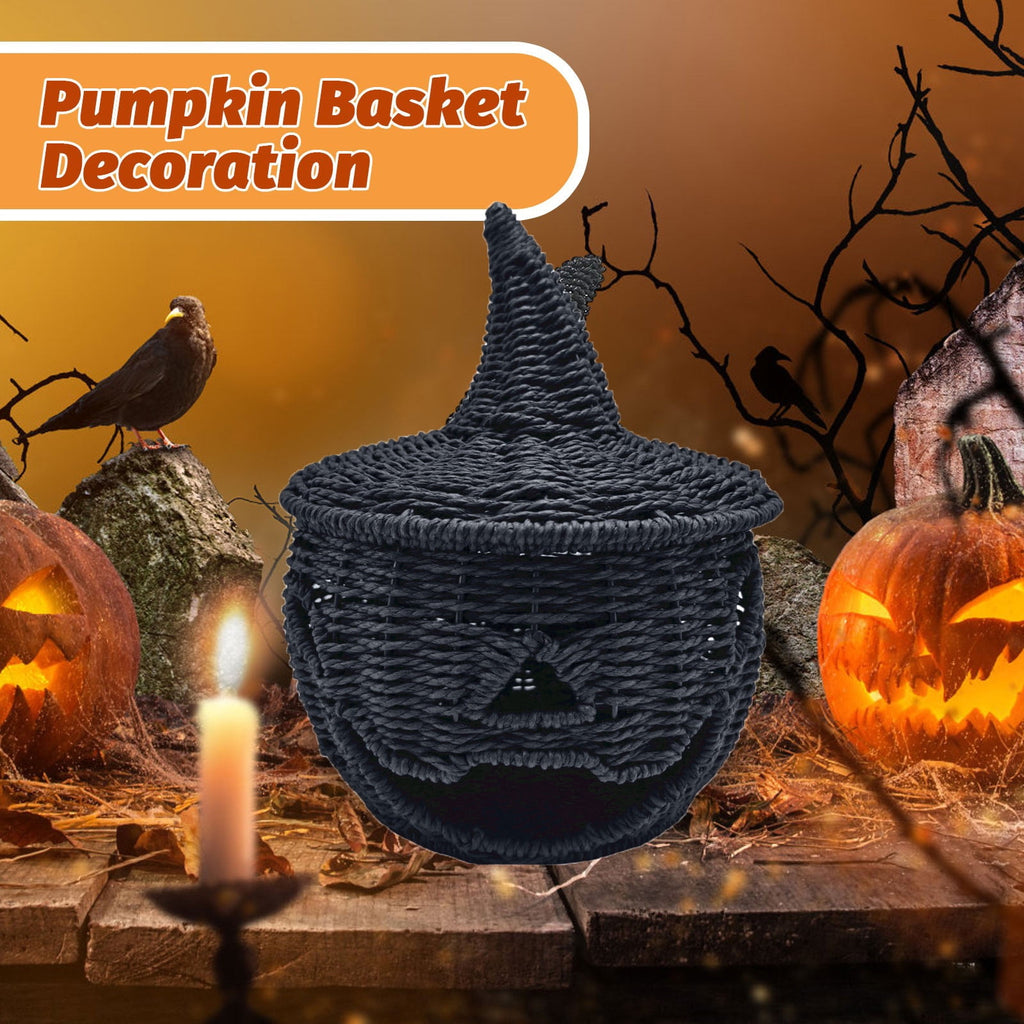 Aximioll Halloween Black Woven Jack-O-Lantern Pumpkin Decor, Hand Woven Rattan Wicker Style Statue, Trick or Treat Candy Bowl Lantern for Porch Entryway Fireplace Mantel Table, Black, 11 Inches