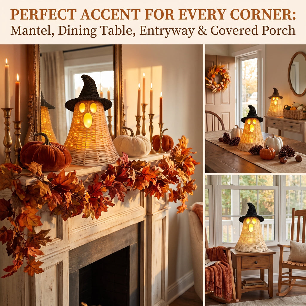 Wicker Ghost Decor, Halloween Decorations Indoor 12.2 Inch, Rattan Ghost Basket Tabletop Lamp Shade for Fall Home Mantel, Halloween Gift Ideal