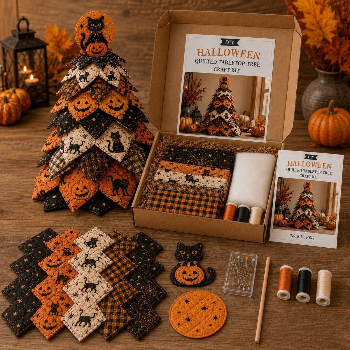 DIY Halloween Quilted Fabric Tree Kit, Sewing Project Holiday Mantel Decor, Quilted Patchwork Fabric Halloween Tabletop Christmas Tree, Handmade Gifts for Craft Lovers, Charming Patchwork Bundle #Cat