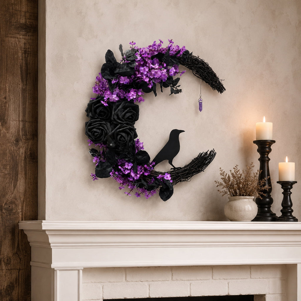 Halloween Black Cat Wreath, 14.9 in Purple and Black Crescent Wreath with Artificial Flowers and Crystal Pendant, Gothic Front Door Decor