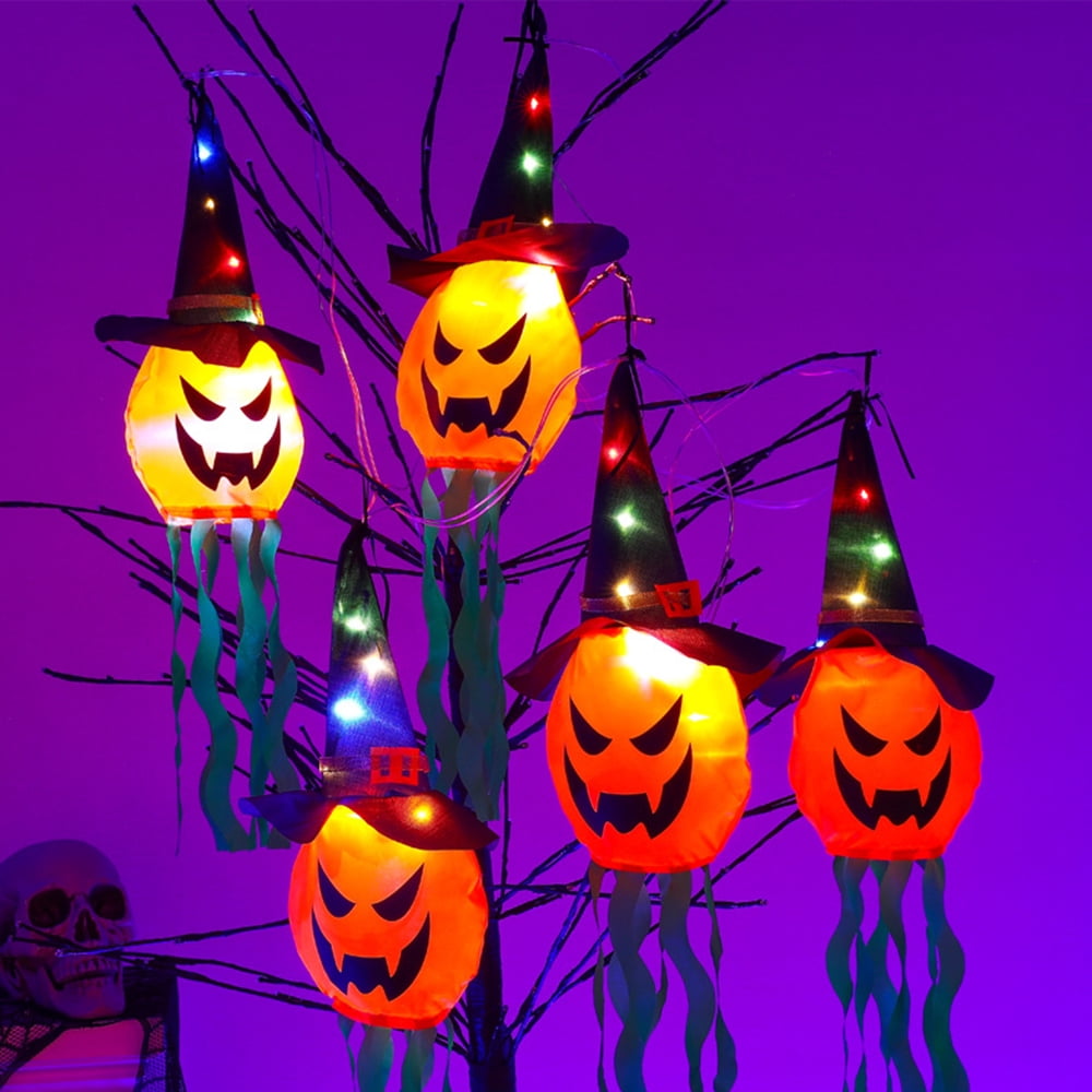 TETOU 5Pcs Halloween Decorations Outdoor Hanging Lights, Glowing Pumpkin Witch Hat Led Scary Light for Indoor Outside Party Tree Garden Porch Halloween Decoration - Warm Color