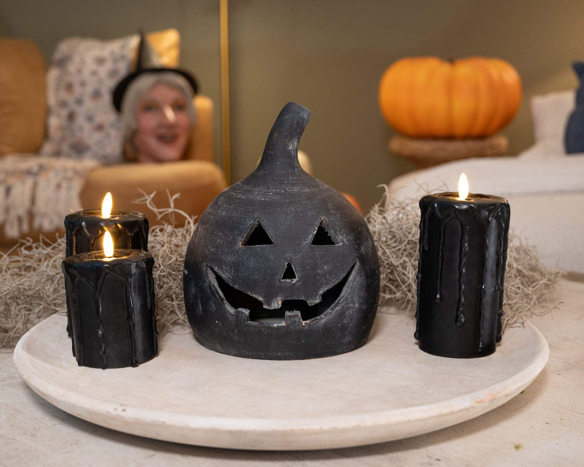 SET OF TWO BLACK CLAY JACK-O-LANTERNS