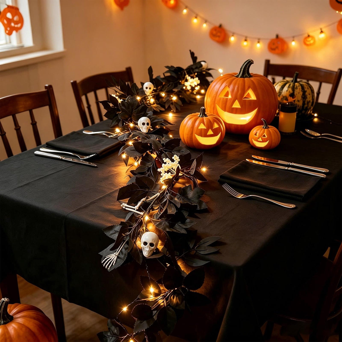 Halloween Black Garland with LED Lights 70.87 Inch Gothic Foliage for Mantel Stair Halloween Party Home Indoor Decor