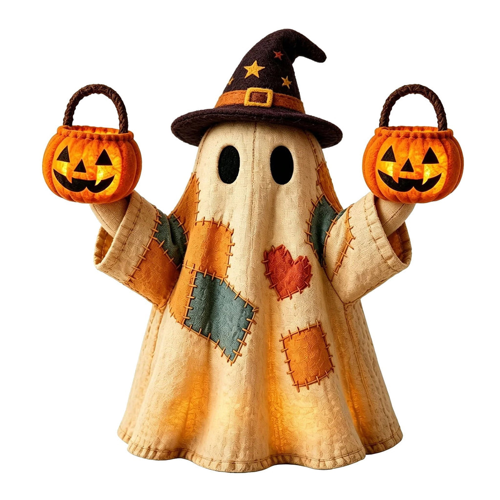 Halloween Ghost Figurine, Resin Lighted Ghost Ornament with Pumpkin Lantern & Beverage Cup, Tabletop Halloween Indoor Decor