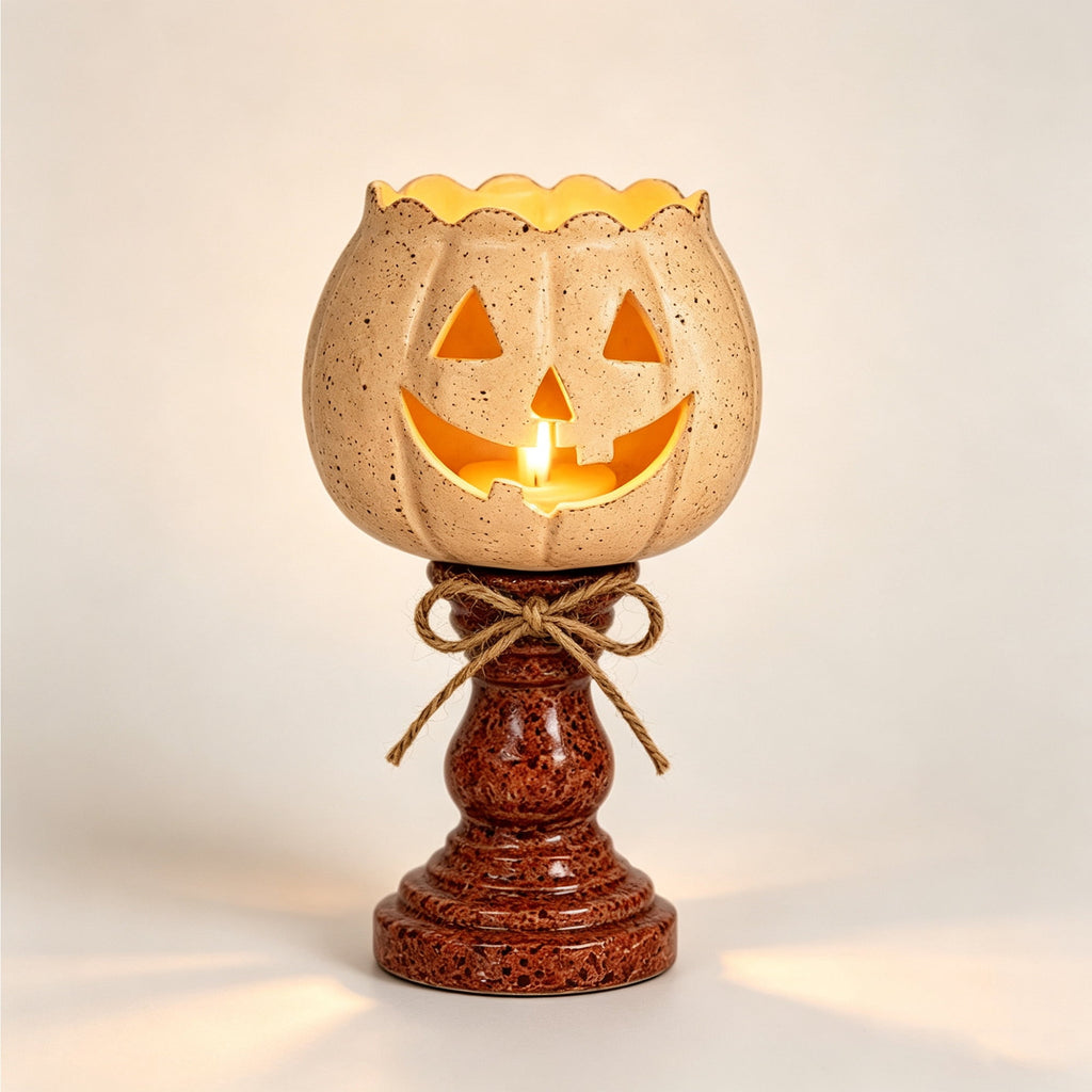 Halloween Lamp Indoor Tabletop Decorations, LED Lighted Wooden Pumpkin with Vintage Pedestal Stand and Rope Bow, 8.7 Inch Rustic Halloween Decor for Home Mantel Entryway