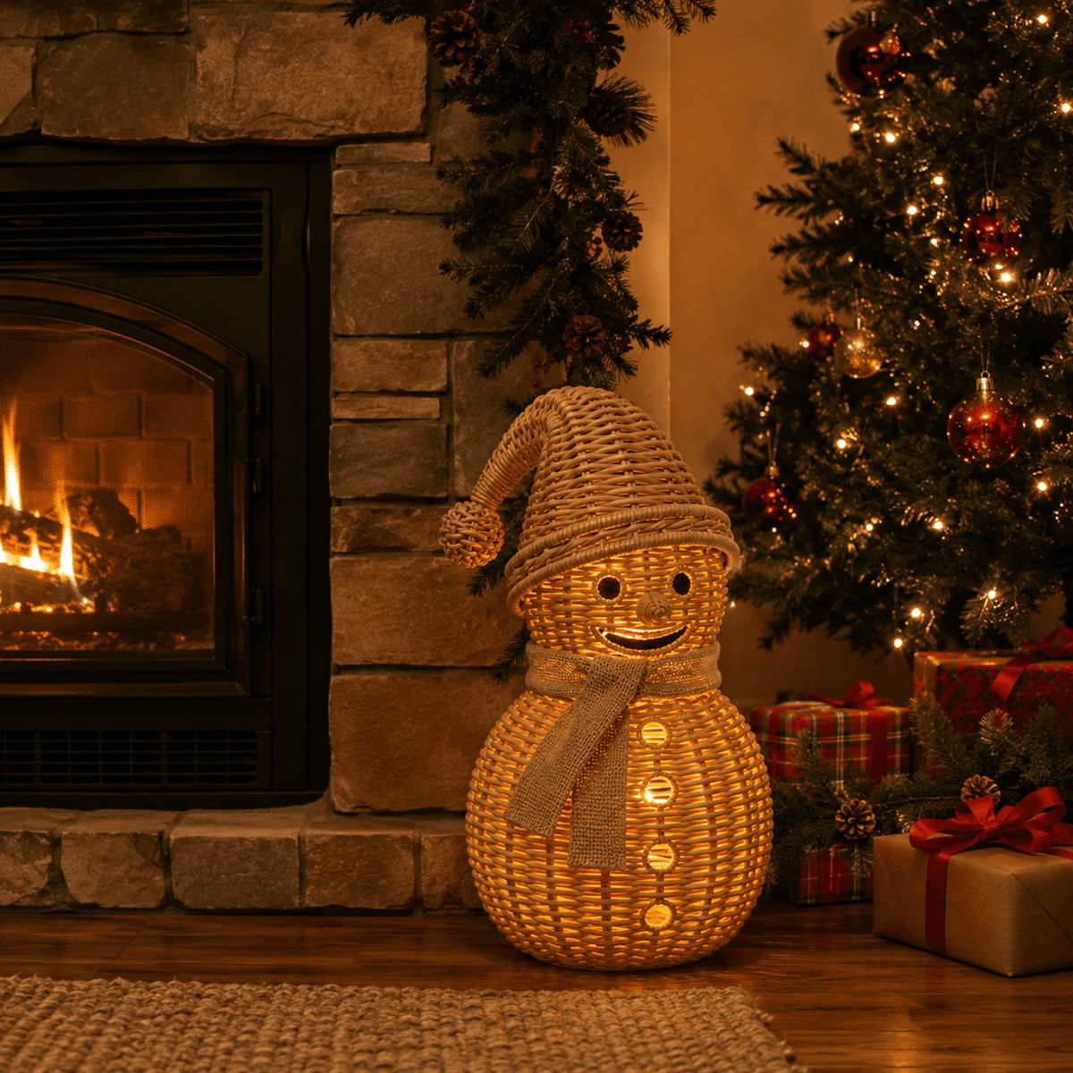 Rattan Snowman Christmas Tabletop Decor, Hand‑Woven Snowman Figurine with Hat and Scarf, Rustic Holiday Ornament for Mantel Shelf Home Decoration