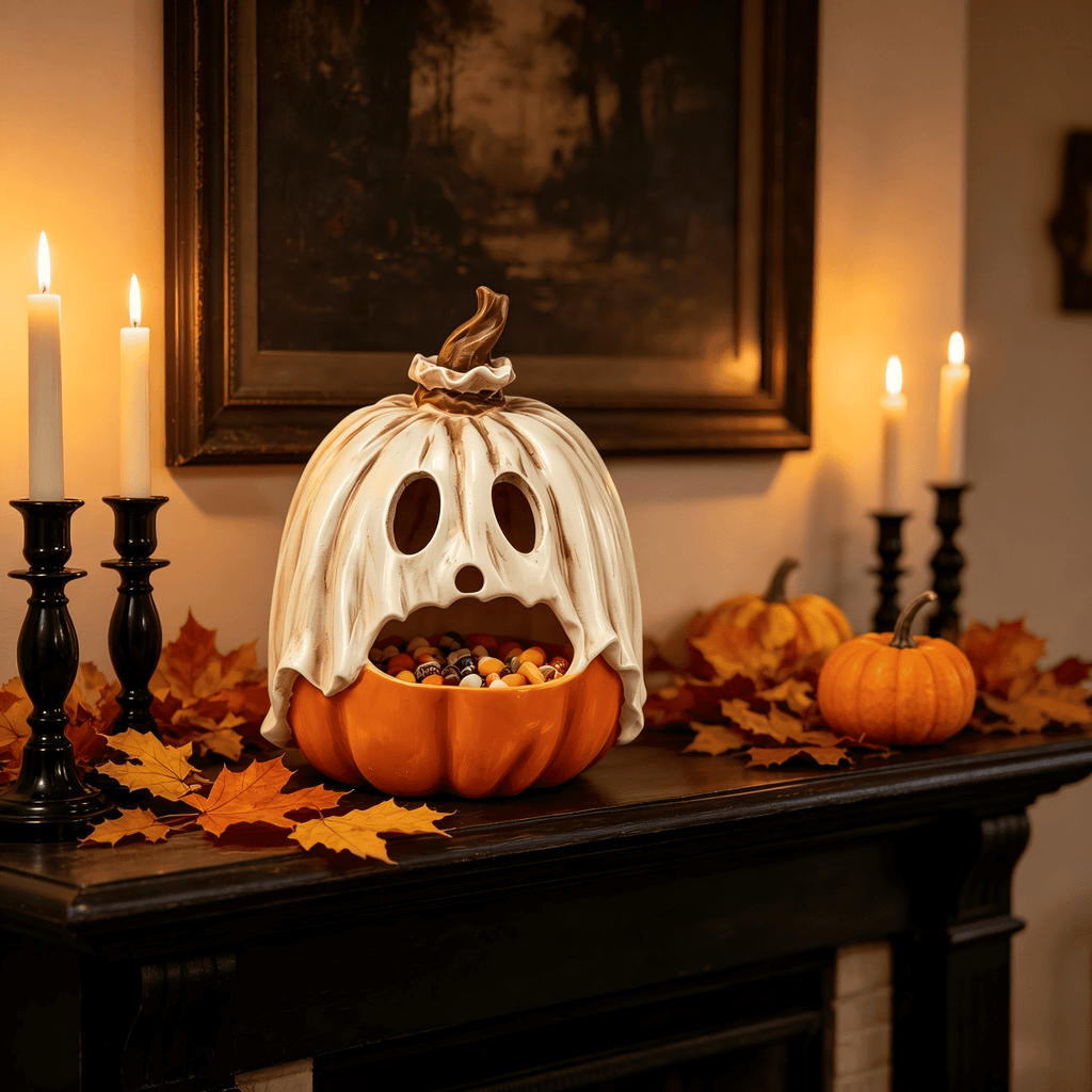 Halloween Ghost Candy Bowl Pumpkin Jack O' Lantern, 11.8 Inch Resin Ghost Figurine Pumpkin Candy Bowl, Outdoor Halloween Decorations for Front Porch, Trick or Treat Candy Bowl