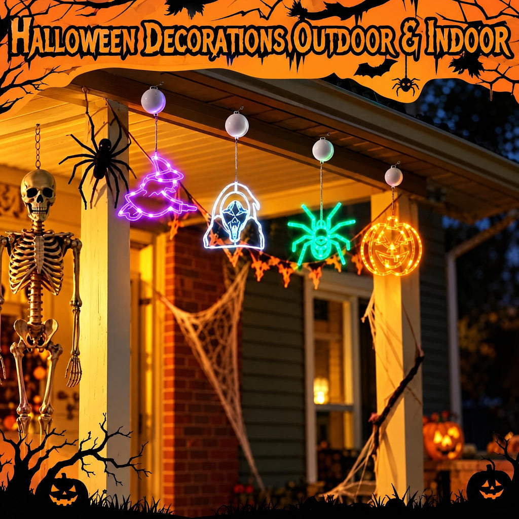 HiberyHom Halloween Lights, 4 Pack Witch Pumpkin Spider Grimace Halloween Decor Lights, Battery Operated Window Lights with Timer
