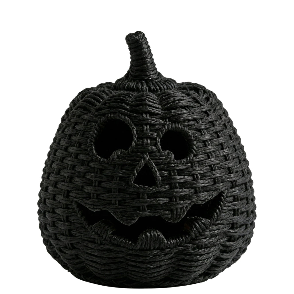 Aximioll Halloween Black Woven Jack-O-Lantern Pumpkin Decor, Hand Woven Rattan Wicker Style Statue, Trick or Treat Candy Bowl Lantern for Porch Entryway Fireplace Mantel Table, Black, 11 Inches