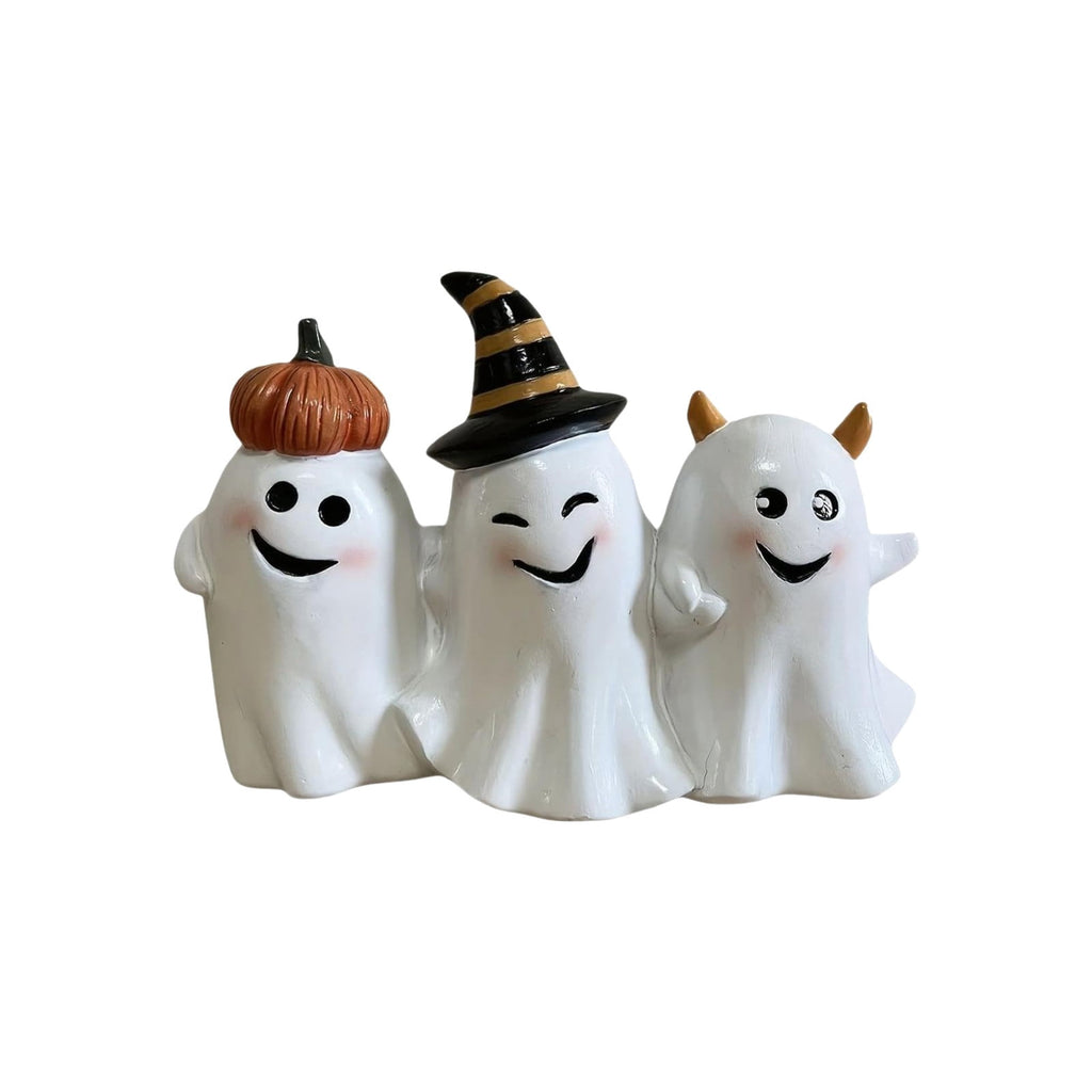 Halloween Ghost Figurine, Resin Lighted Ghost Ornament with Pumpkin Lantern & Beverage Cup, Tabletop Halloween Indoor Decor
