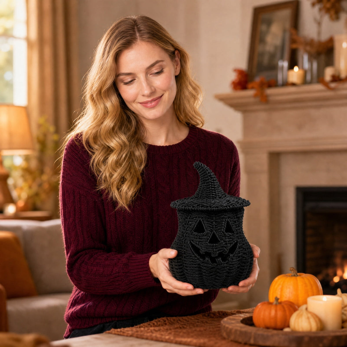 Aximioll Halloween Black Woven Jack-O-Lantern Pumpkin Decor, Hand Woven Rattan Wicker Style Statue, Trick or Treat Candy Bowl Lantern for Porch Entryway Fireplace Mantel Table, Black, 11 Inches