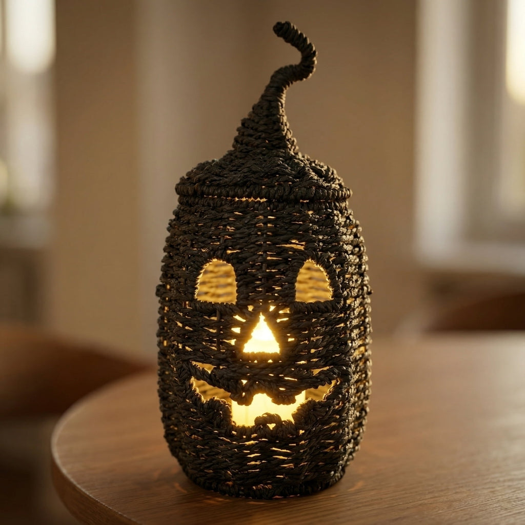 Handwoven Rattan Ghost Lantern with Witch Hat - 13.78 Inch White Wicker Ghost Decor, Light Up Halloween Decorations for Indoor Outdoor, Porch, Patio, Spooky Home Decor, Fall Harvest