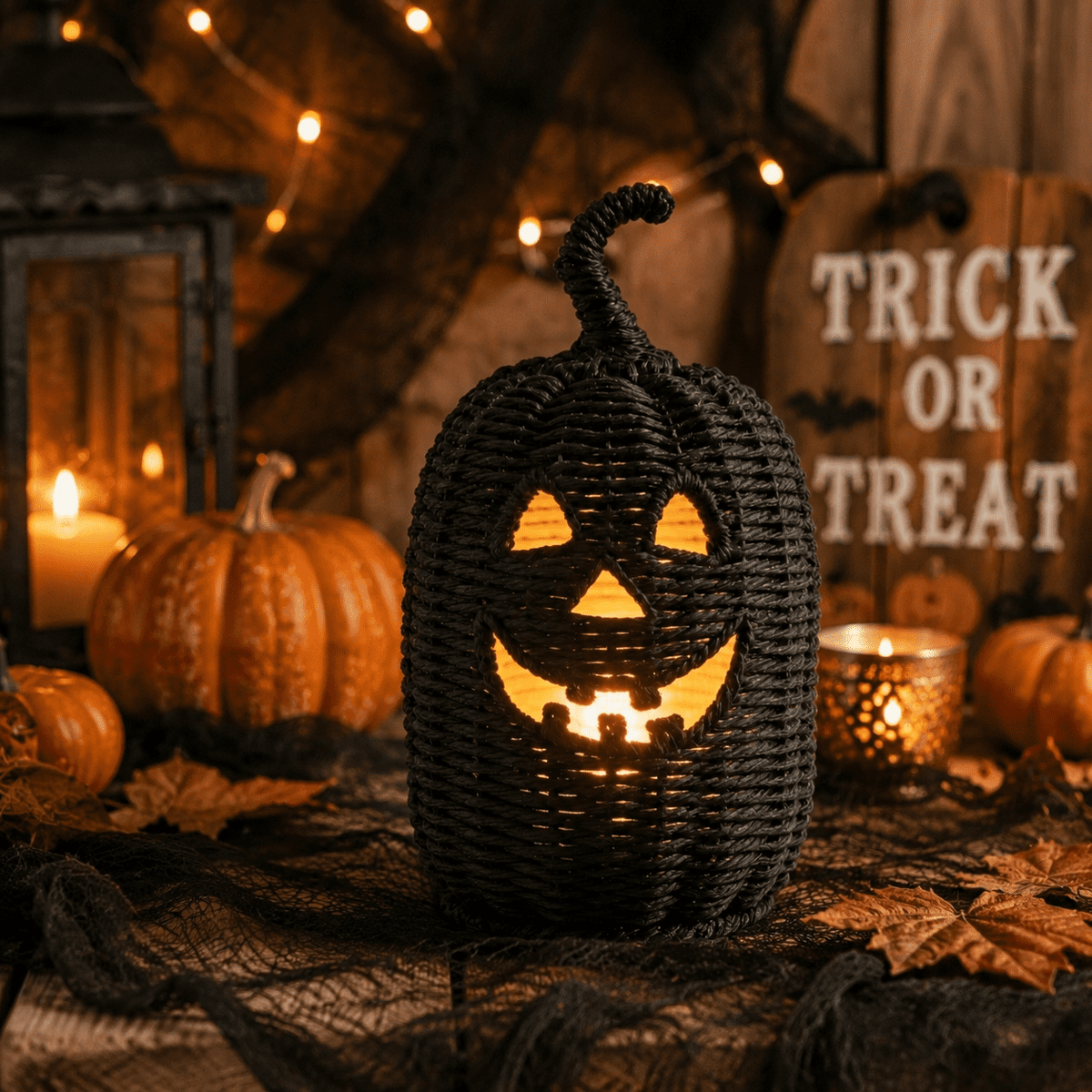 11.8" Black Woven Rattan Jack-O'-Lantern Pumpkin with Warm LED Light, Fall Halloween Tabletop Decoration for Indoor Home, Mantel, Party Decor, Rattan Halloween Pumpkin Decoration
