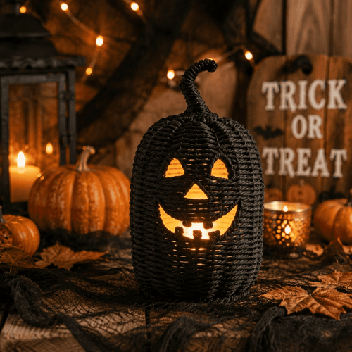 11.8" Black Woven Rattan Jack-O'-Lantern Pumpkin with Warm LED Light, Fall Halloween Tabletop Decoration for Indoor Home, Mantel, Party Decor, Rattan Halloween Pumpkin Decoration