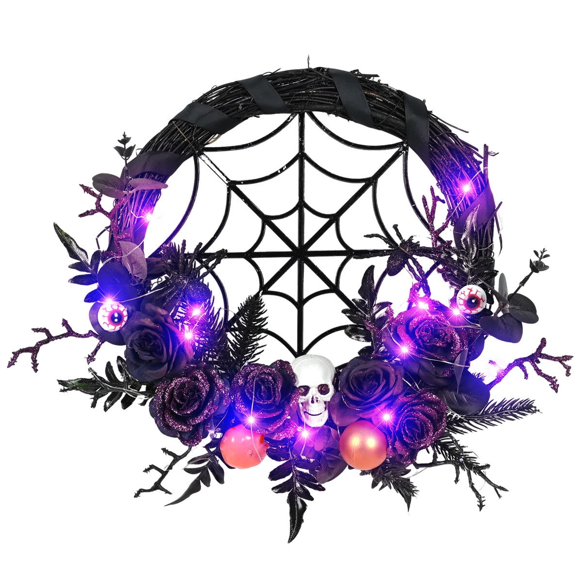 WWC Halloween Wreath, Orange LED Pumpkin and Bats Wreath, Gothic Halloween Decorations Wreath for Front Door, Indoor Outdoor Party Decor
