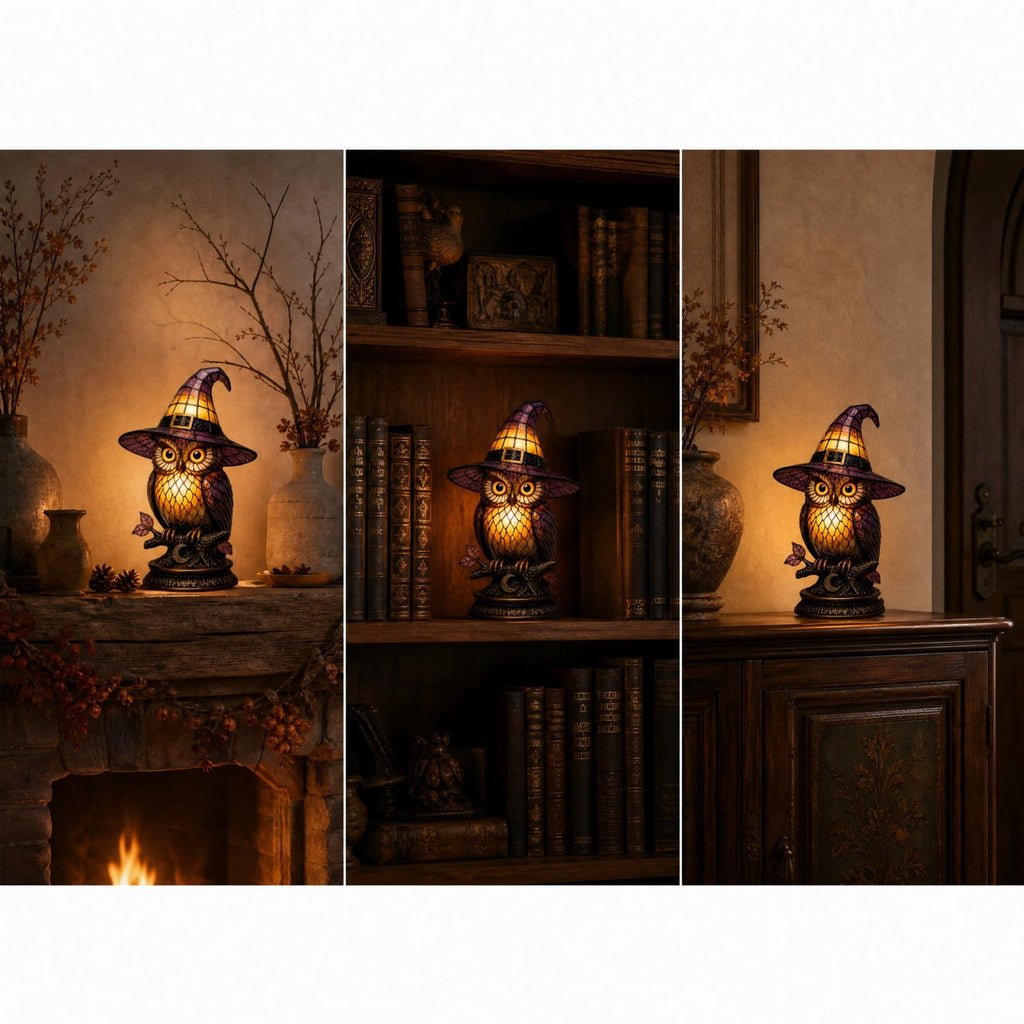 Stained Glass Witch Hat Lamp Gothic Halloween Lighting Decor, Vintage Witchy Hats Night Lights, Handcrafted Retro Resin Table Lamp for Bedroom, Living Room & Home Decor