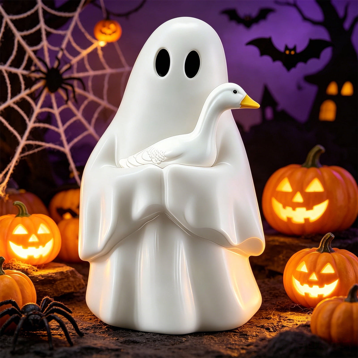 Halloween Ghost Figurine, Resin Lighted Ghost Ornament with Pumpkin Lantern & Beverage Cup, Tabletop Halloween Indoor Decor