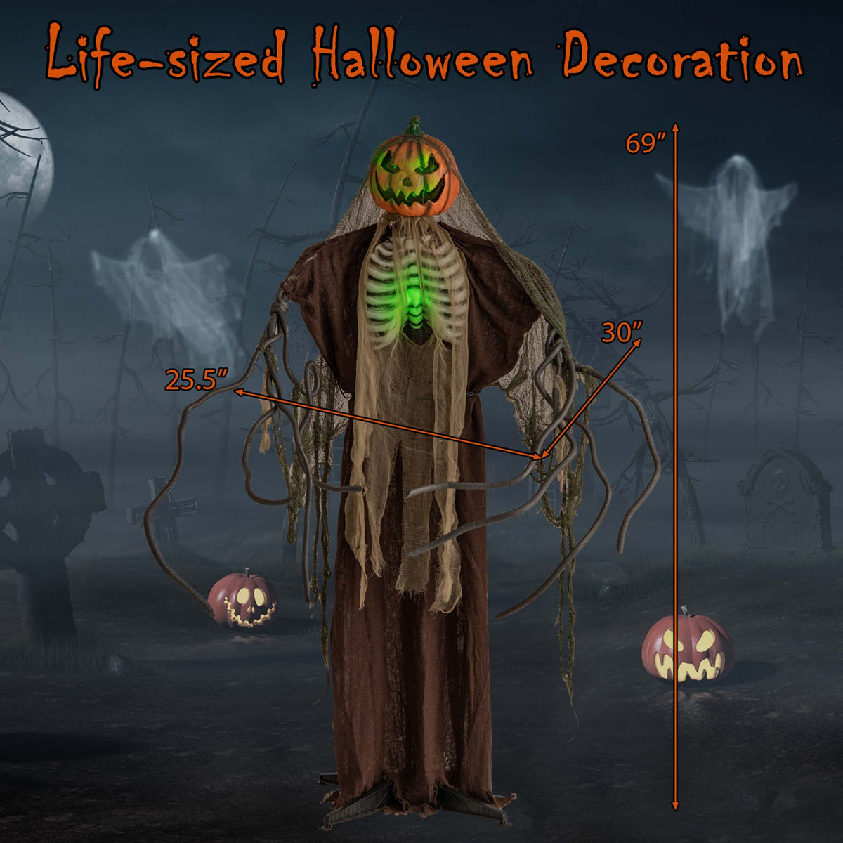 Costway 5.75ft Halloween Animatronics Decoration Talking Ghost Pumpkin with Glowing Ribs and Moving Head Sound & Touch Activated Standing Prop