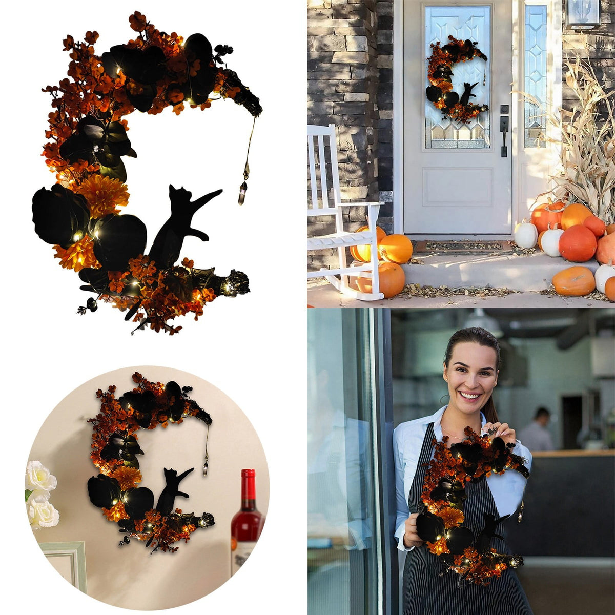 Moon Cat Wreath With Flowers And Charming Door Decoration Halloween Moon Cat Home Decor Gift Halloween Party Decorations For Cat Lovers With Lights Halloween Decorations