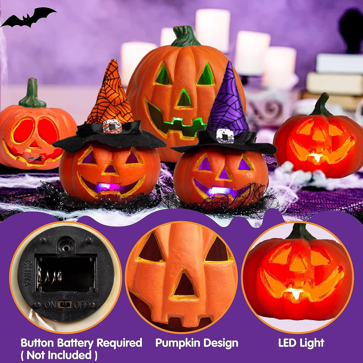 Joyfy 5 Pcs Light Up Halloween Pumpkin Decor Jack O Lantern Decorations Outdoor Indoor, Plastic Large Trick Or Treat Table Top Party Supplies Favors