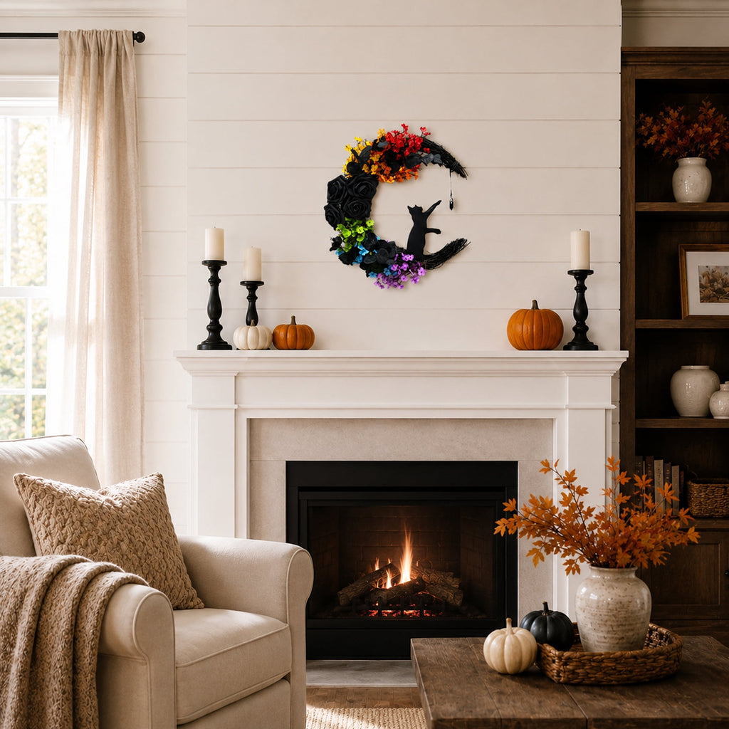 Circlecity Halloween Black Cat Wreath, 14.9" Colorful Crescent Moon Wreath with Artificial Flowers, Gothic Front Door Decor