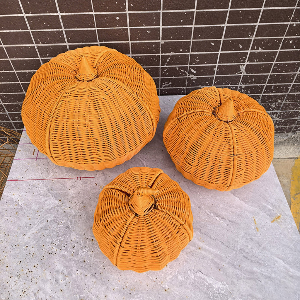 Handmade Rattan Pumpkin Decorations For Halloween Outdoor Fall Party Scene Set Of 3 In Natural Wood Tone