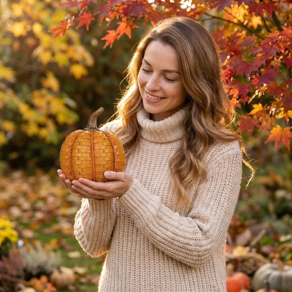 Halloween Resin Faux Pumpkin Decor – 11cm Tall Simulated Woven Pattern Pumpkin Ornament – Halloween Party Decorations for Yard Garden Holiday Layout