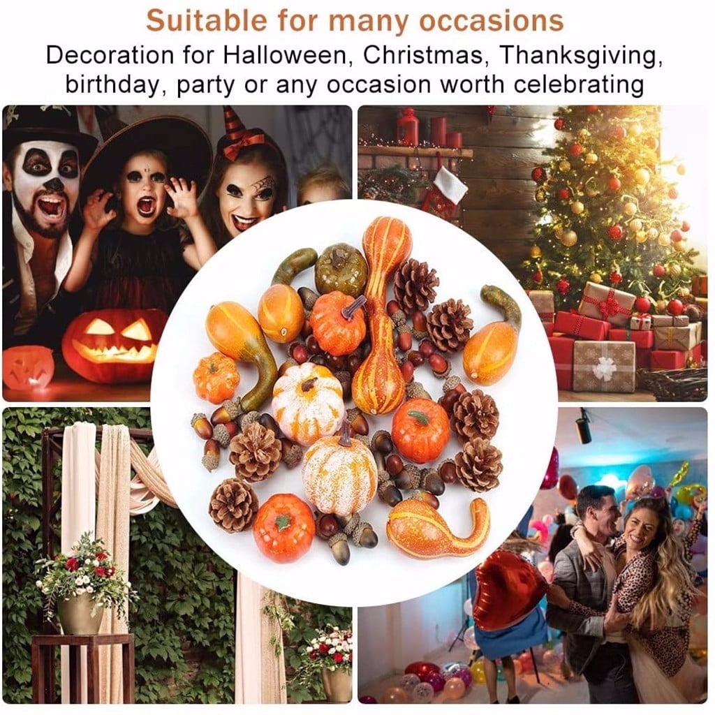 50PC Fall Artificial Pumpkin Decoration Set, Simulation Pumpkin Decor with Pinecone, Maple Leaf and Gourd, Fake Pumpkin Fall Table Decor, Thanksgiving Table Centerpieces for Wedding Party